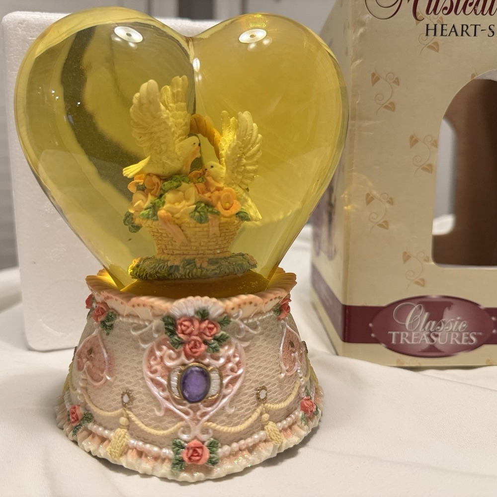 Classic Treasures Musical Water Snow Globe Heart Doves On Flower Basket Works!